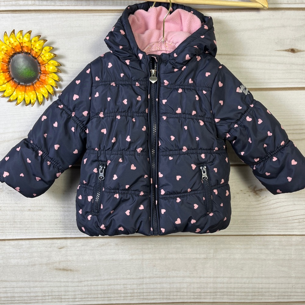 OshKosh B'gosh Kids Girls Navy Pink Heart Puffer‎ Hooded Winter Jacket Size 18m